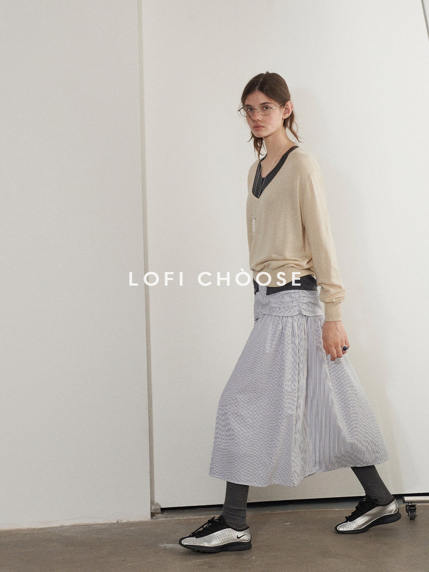 Lofi choose High Waist Cotton Comfort Pleated Loose Fit Office Women Blue Stripe Midi Skirts