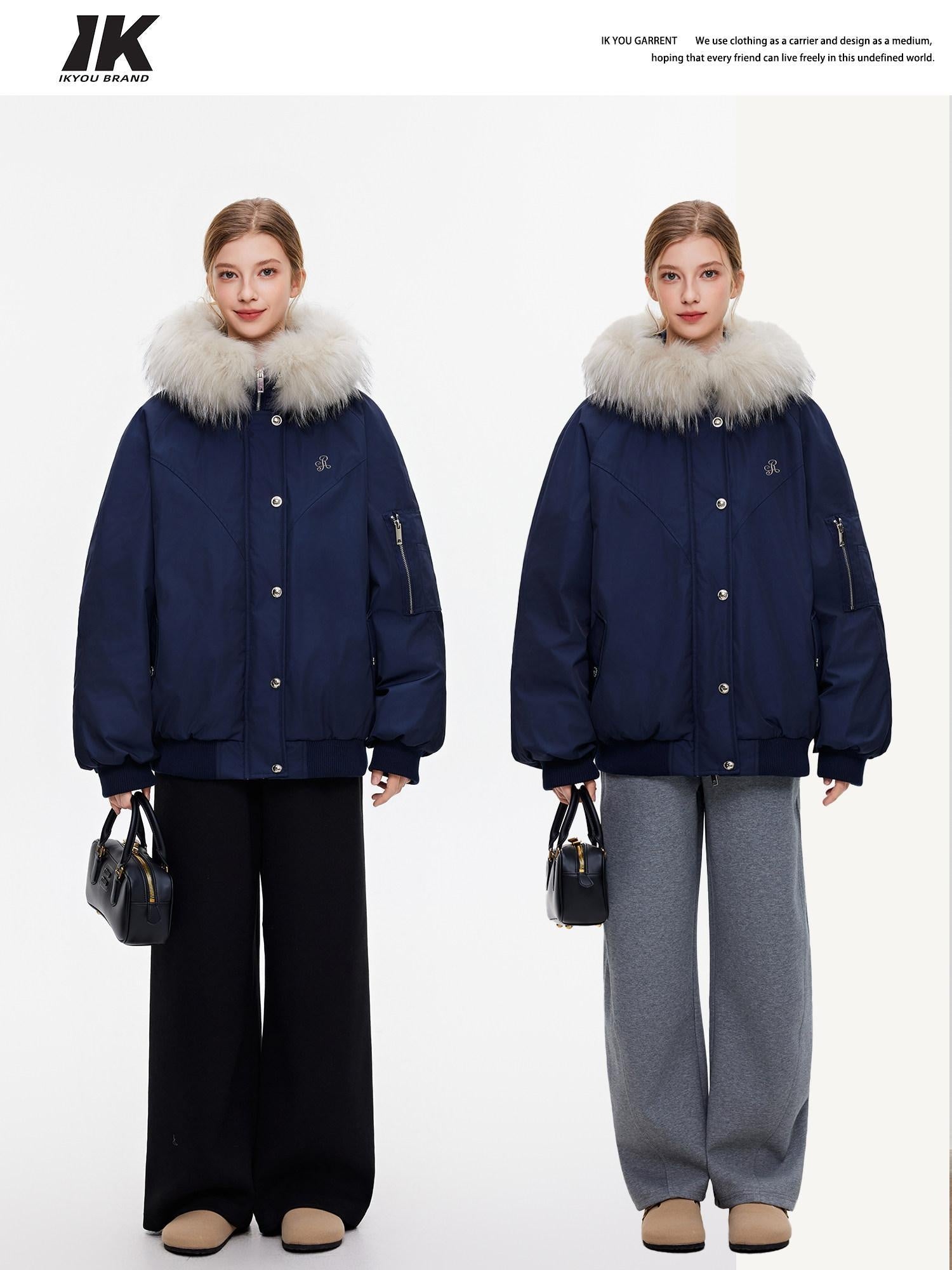 ikyou 90 Percent White Duck Down Oversized Korean Hooded Fur Collar Navy Down Jackets
