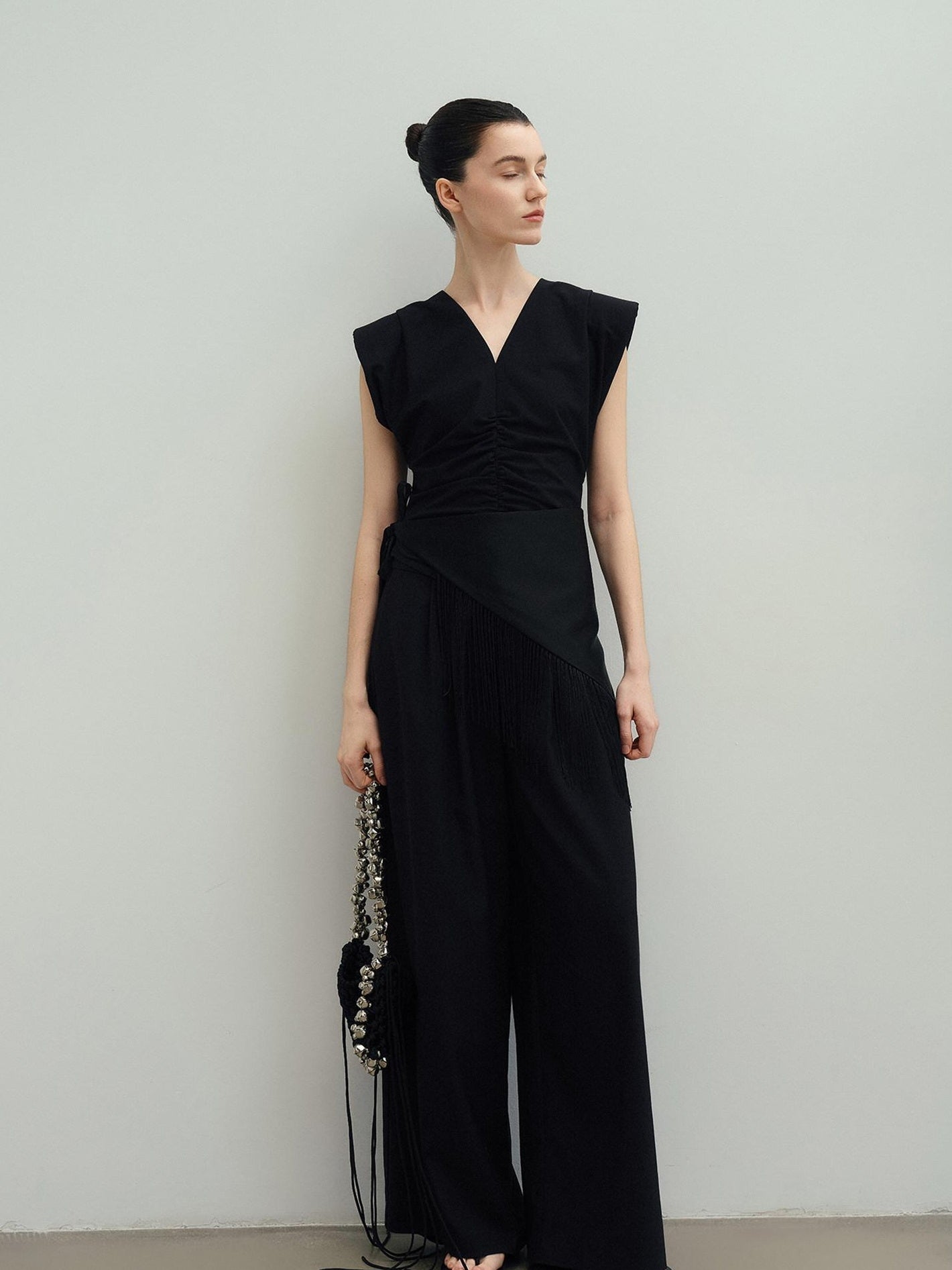 audreyyang Eco Viscose Relaxed Minimalist Workwear Natural Waist Zip Women Wide Leg Pants