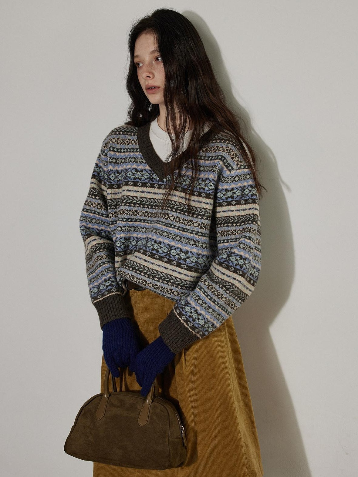 Lofi choose Cozy Thick V-neck Oversized Commuter Knit Pullover Brown Sweaters