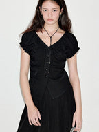 fano Sleek Black V-neck Button Short Sleeve Two Piece Chic Women Top & Skirt Sets