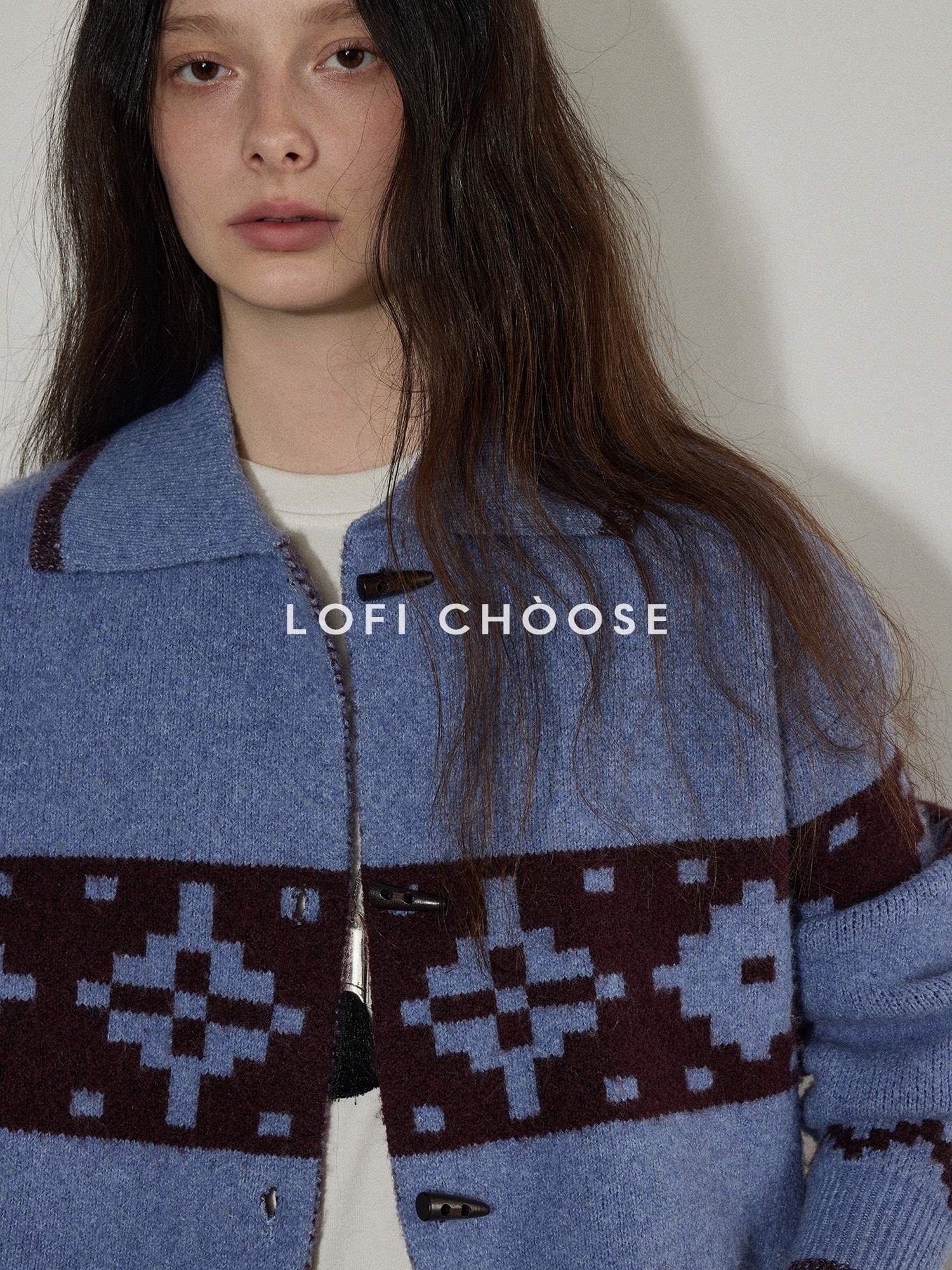 Lofi choose Acrylic Wool Relaxed Fit Commuter Cardigan Women Geometric Blue Sweaters