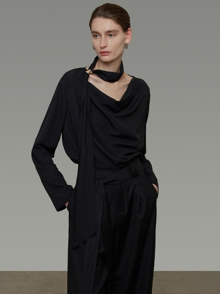 unspoken Breathable Minimalist Loose Fit Ribbon V-neck Office Women Solid Black Blouses