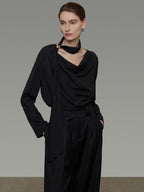 unspoken Breathable Minimalist Loose Fit Ribbon V-neck Office Women Solid Black Blouses