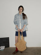 Lofi choose Pure Cotton Colorblock Plaid Embroidered Loose Commuter Office Women Shirts