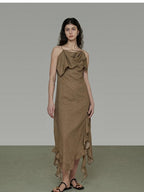 unspoken Cotton High Waist Irregular Hem Minimal Work Strappy Brown Maxi Dresses