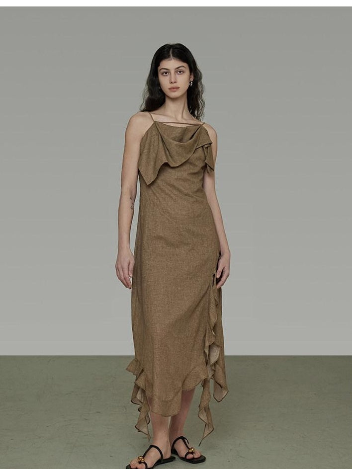 unspoken Cotton High Waist Irregular Hem Minimal Work Strappy Brown Maxi Dresses