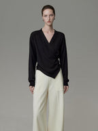 unspoken Soft Asymmetrical Loose Women V-neck Long Sleeve Black Blouses