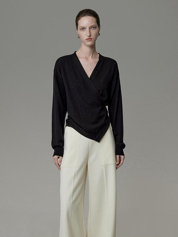 unspoken Soft Asymmetrical Loose Women V-neck Long Sleeve Black Blouses