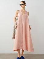 audreyyang Linen Blend V-neck Sleeveless A Line Casual Pink Maxi Dresses