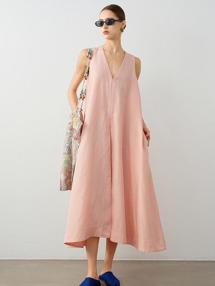 audreyyang Linen Blend V-neck Sleeveless A Line Casual Pink Maxi Dresses