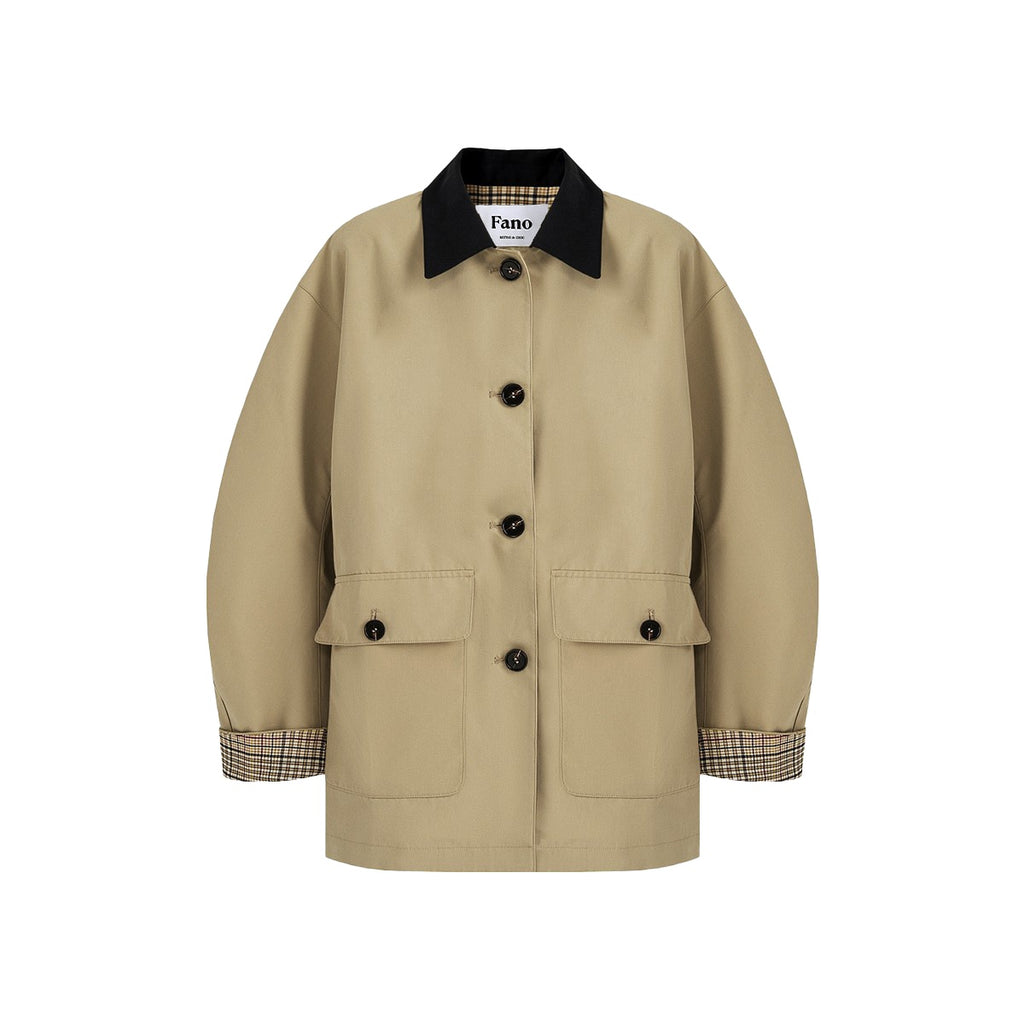 fano_Khaki_Black_Contrast_Short_Cotton_Blend_Single_Breasted_Women_Trench_Coats_MISSTT