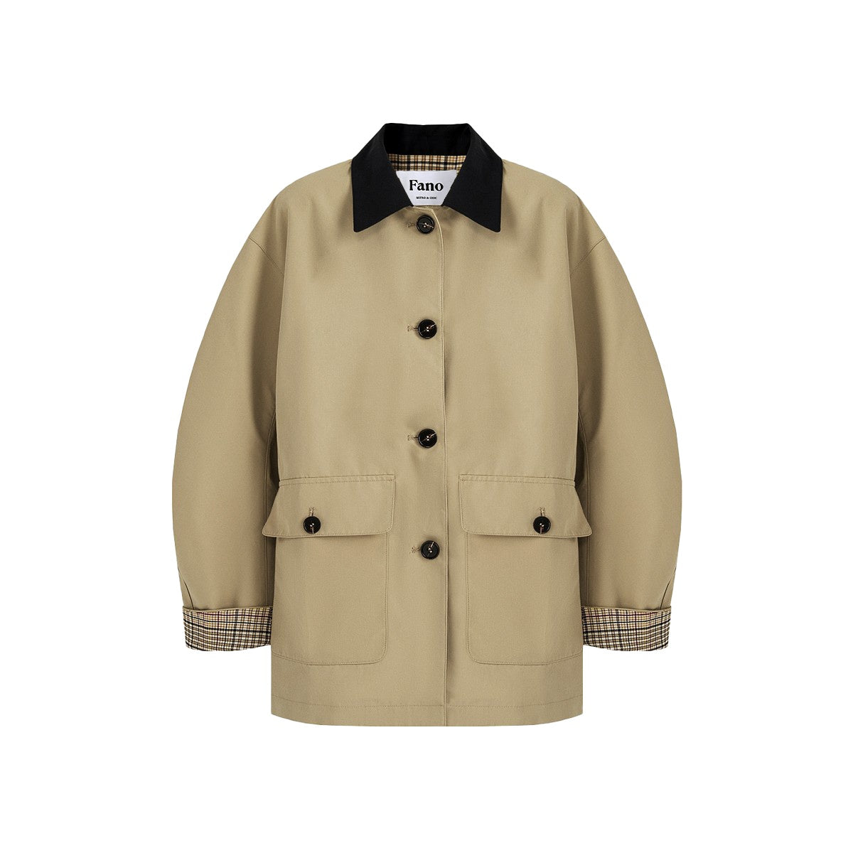 fano_Khaki_Black_Contrast_Short_Cotton_Blend_Single_Breasted_Women_Trench_Coats_MISSTT