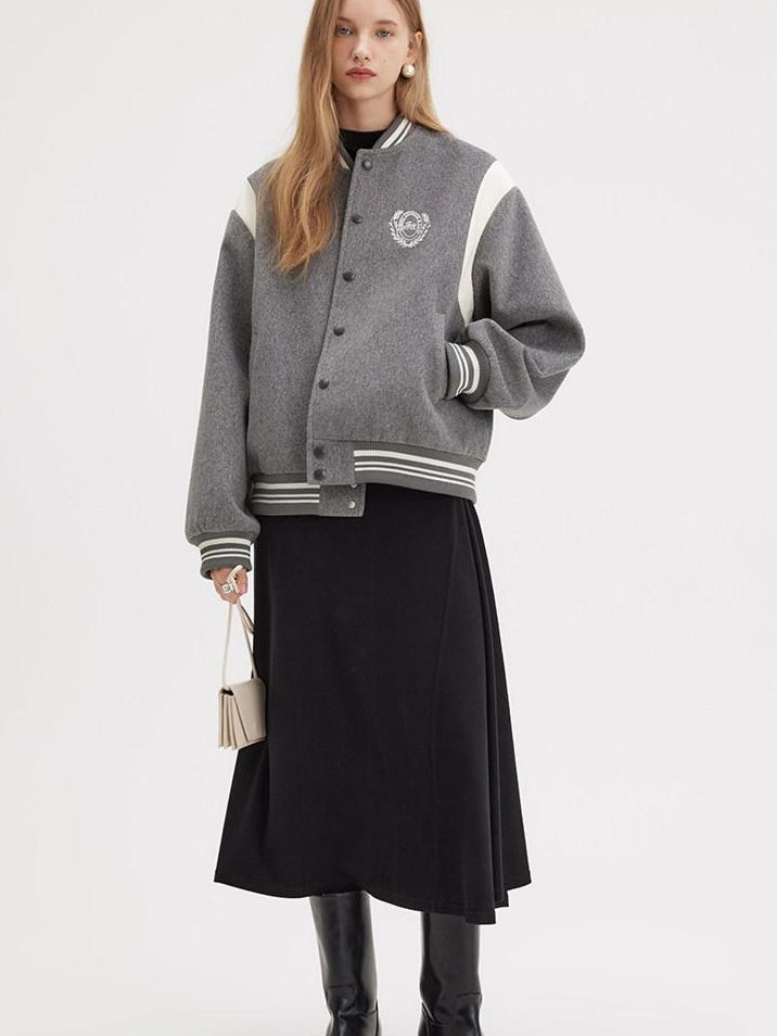 fano Embroidered Relaxed Fit Commuter Colorblock Crew Neck Women Bomber Jackets