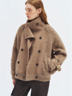 someonesometimes Alpaca Blend Double Breasted Casual Loose Fit Women Lapel Dusty Camel Short Coat