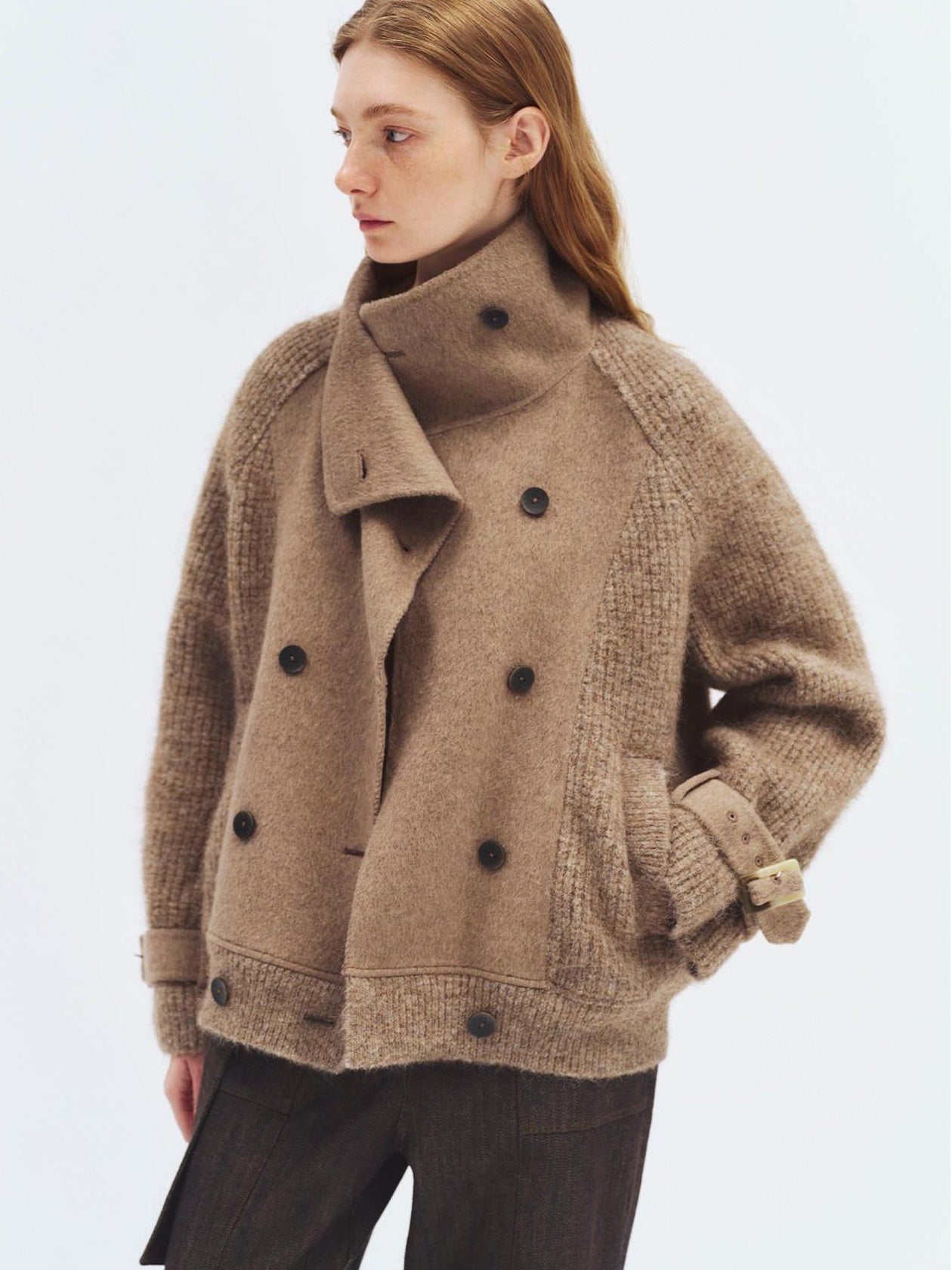 someonesometimes Alpaca Blend Double Breasted Casual Loose Fit Women Lapel Dusty Camel Short Coat