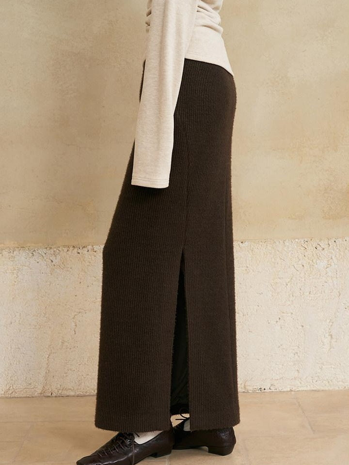 someone sometimes Lined Mid Waist Slit Casual Straight Knit Dark Brown Daily Maxi Skirts