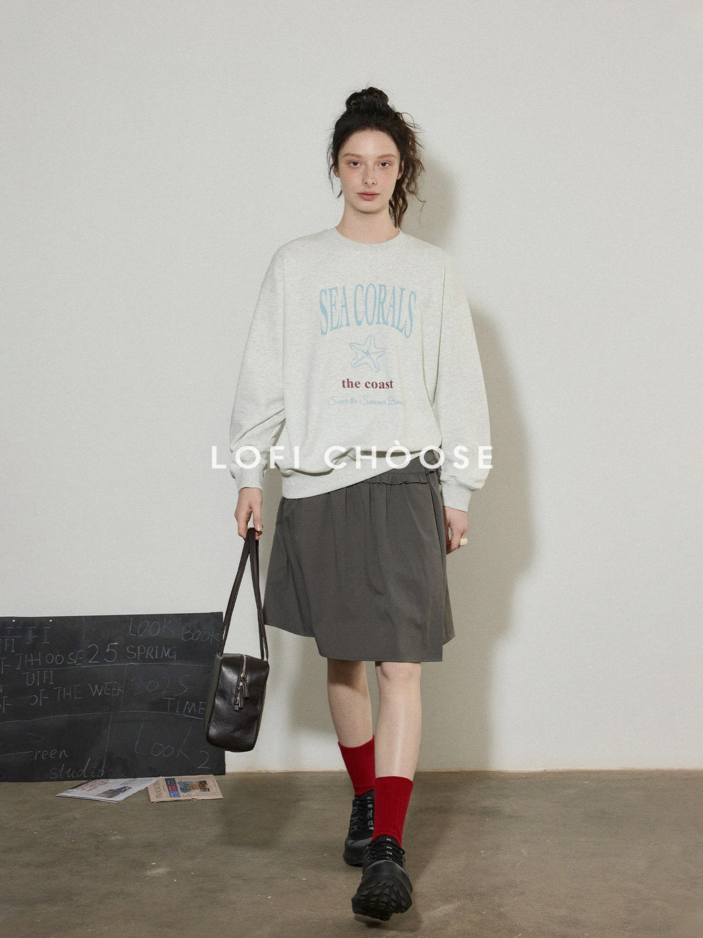 Lofi choose Cotton Blend Relaxed Crewneck Women Office Letter Print Blue Grey Sweatshirt