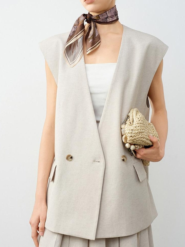 audreyyang Soft Polyester Cotton Blend U Neck Single Button Office Chic Women Vests