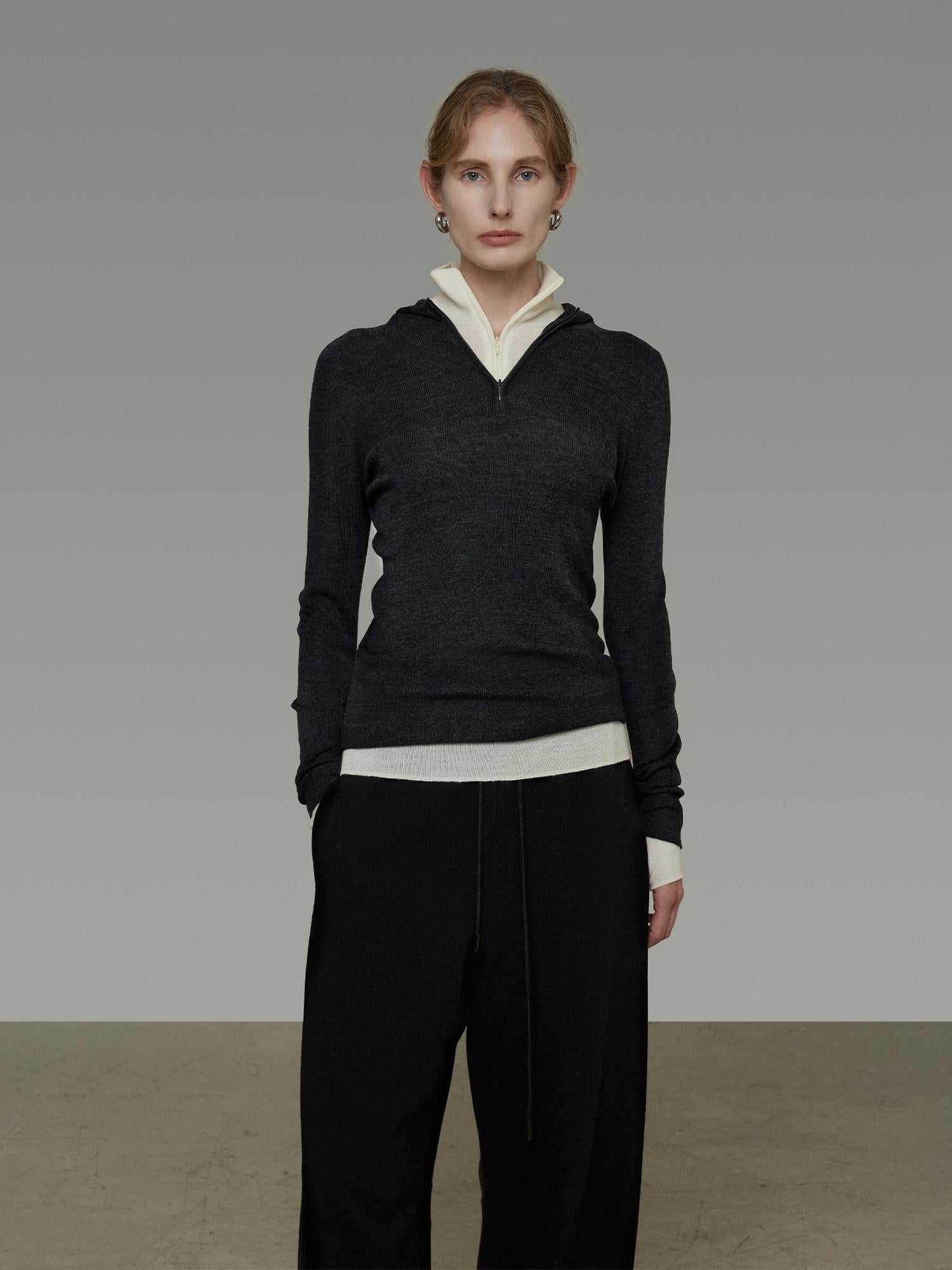 unspoken Pure Wool Soft V-neck Hooded Slim Fit Commuter Women Knit Sweaters