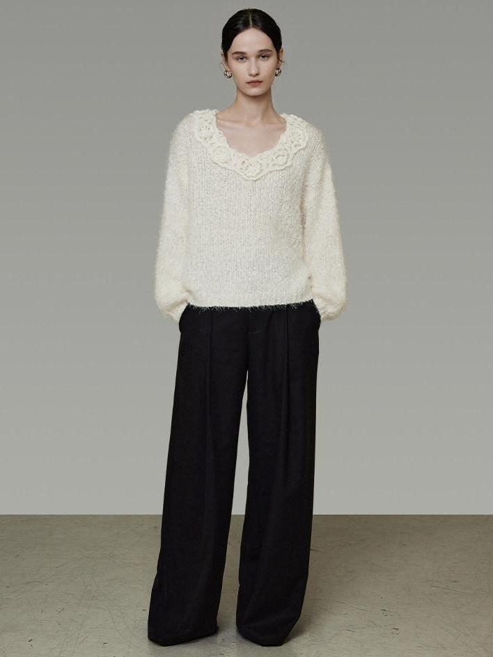 unspoken Cozy Minimal Commuter V-neck Crochet Knit Loose Women Pullover Sweaters