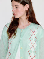 fano Warm Wool Blend Diamond Loose Fit Commuter Round Neck Mint Cardigans