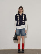 Lofi choose Cozy Argyle Polo Short Sleeve Loose Fit Vintage Knitwear Women Sweaters