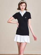 ikyou 100 Percent Cotton Waist Cinch Patchwork Collared Short Sleeve Midi Dresses