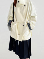 fano Cotton Stand Collar Loose Fit Korean Commuter Women Beige Mid Trench Coats