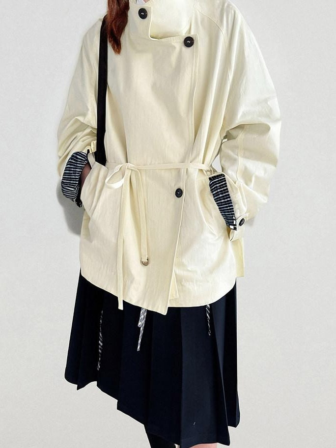 fano Cotton Stand Collar Loose Fit Korean Commuter Women Beige Mid Trench Coats