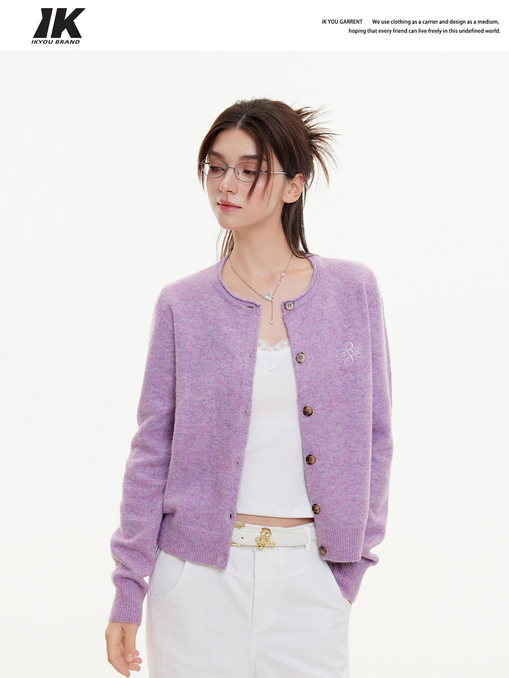 ikyou Eco Recycled Warm Commuter Loose Embroidered Knit Long Sleeve Purple Cardigans