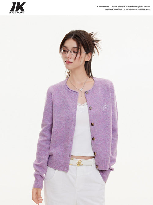 ikyou Eco Recycled Warm Commuter Loose Embroidered Knit Long Sleeve Purple Cardigans