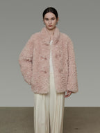 unspoken Warm Thick Stand Collar Loose Fit Rounded Hem Women Pink Solid Short Coat