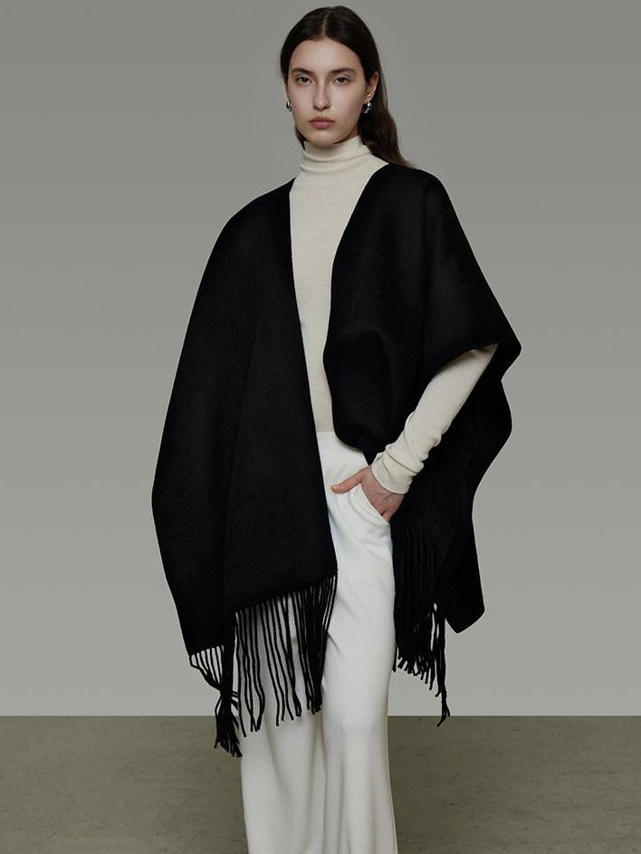 unspoken Pure Sheepswool Fringed Cape Commuter Women Structured Black Wool Coats