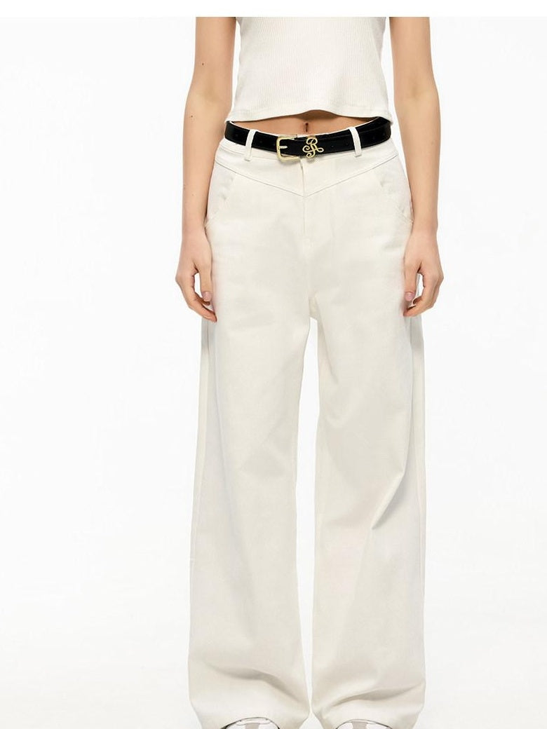ikyou Durable Brushed Denim Natural Waist Loose Women Casual White Wide Leg Jeans