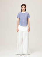 ikyou Embroidered Patchwork Straight Fit Stand Collar Short Sleeve Blue Button Blouses