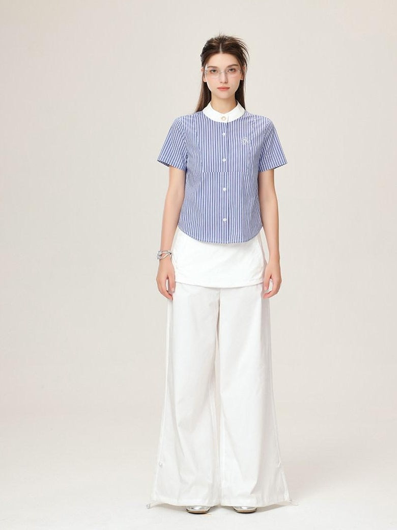ikyou Embroidered Patchwork Straight Fit Stand Collar Short Sleeve Blue Button Blouses