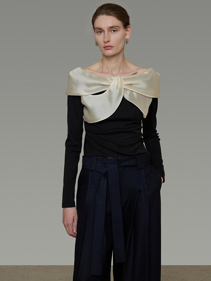 unspoken Comfortable Loose One Shoulder Long Sleeve Women Colorblock Black Beige Blouses