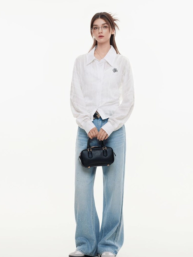ikyou Breathable Lyocell Embroidered Slim Lapel Cardigan Short Work Women Shirts