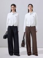 ikyou Ultra Light Lyocell Cotton Casual Stand Collar Short Zip White Cropped Jackets