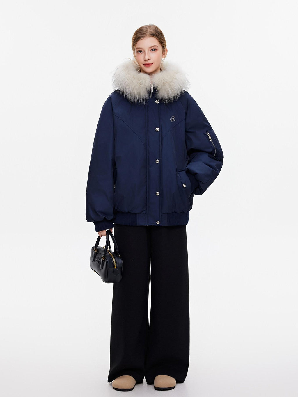 ikyou 90 Percent White Duck Down Oversized Korean Hooded Fur Collar Navy Down Jackets