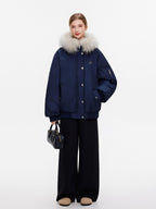 ikyou 90 Percent White Duck Down Oversized Korean Hooded Fur Collar Navy Down Jackets