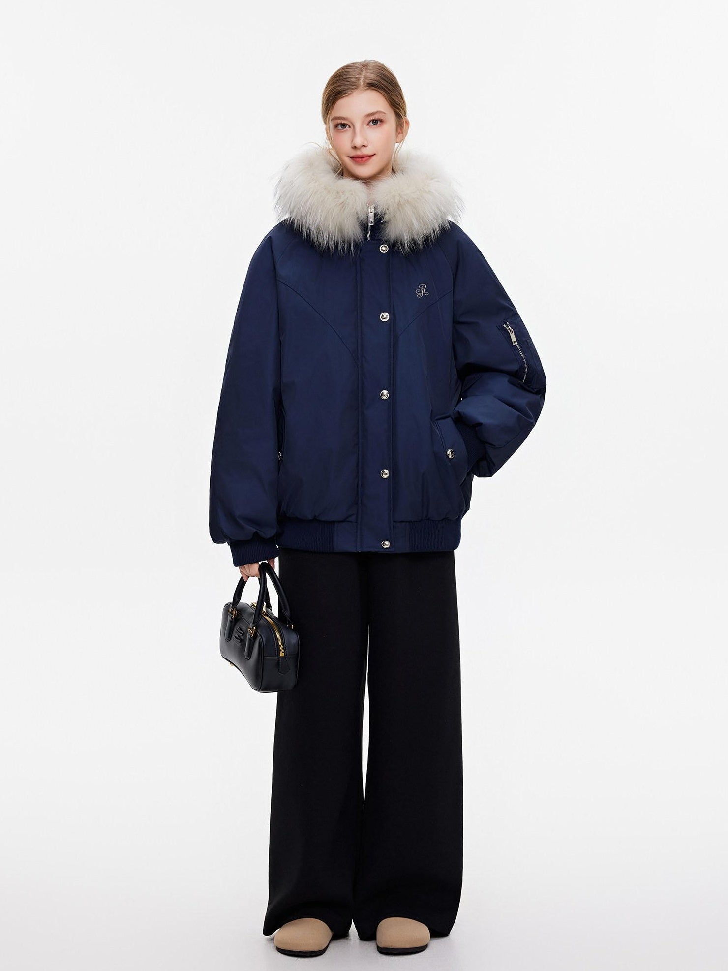 ikyou 90 Percent White Duck Down Oversized Korean Hooded Fur Collar Navy Down Jackets
