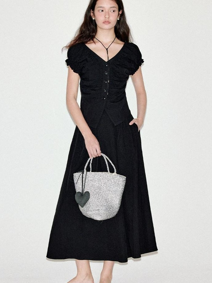 fano Sleek Black V-neck Button Short Sleeve Two Piece Chic Women Top & Skirt Sets
