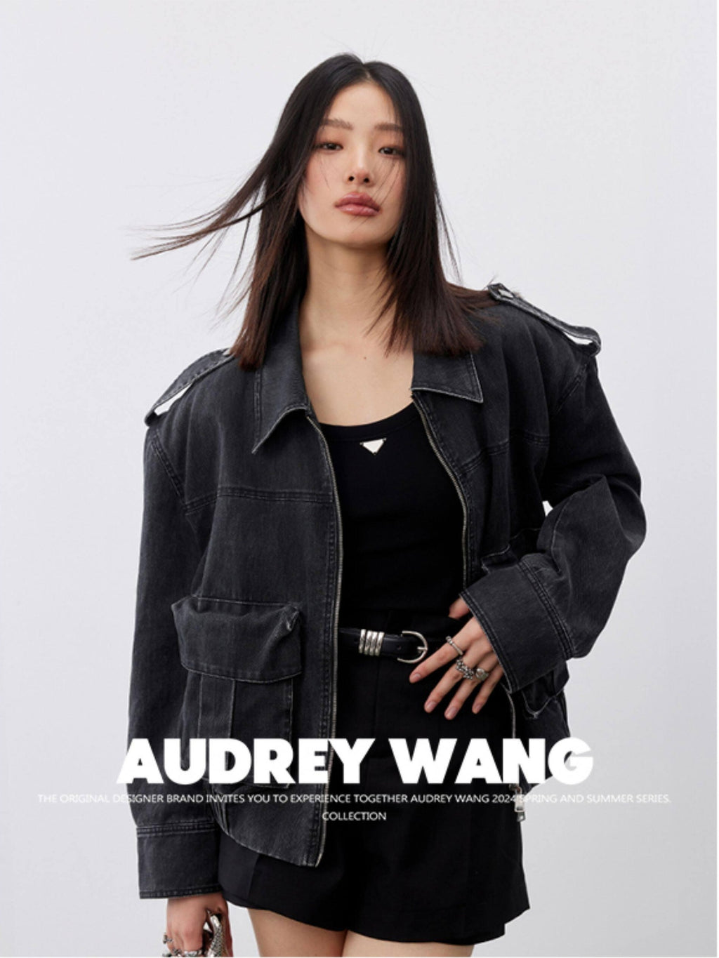 audreyyang Cotton Loose Commuter Lapel Zipper Long Sleeve Women Ash Gray Cropped Jackets