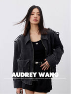 audreyyang Cotton Loose Commuter Lapel Zipper Long Sleeve Women Ash Gray Cropped Jackets