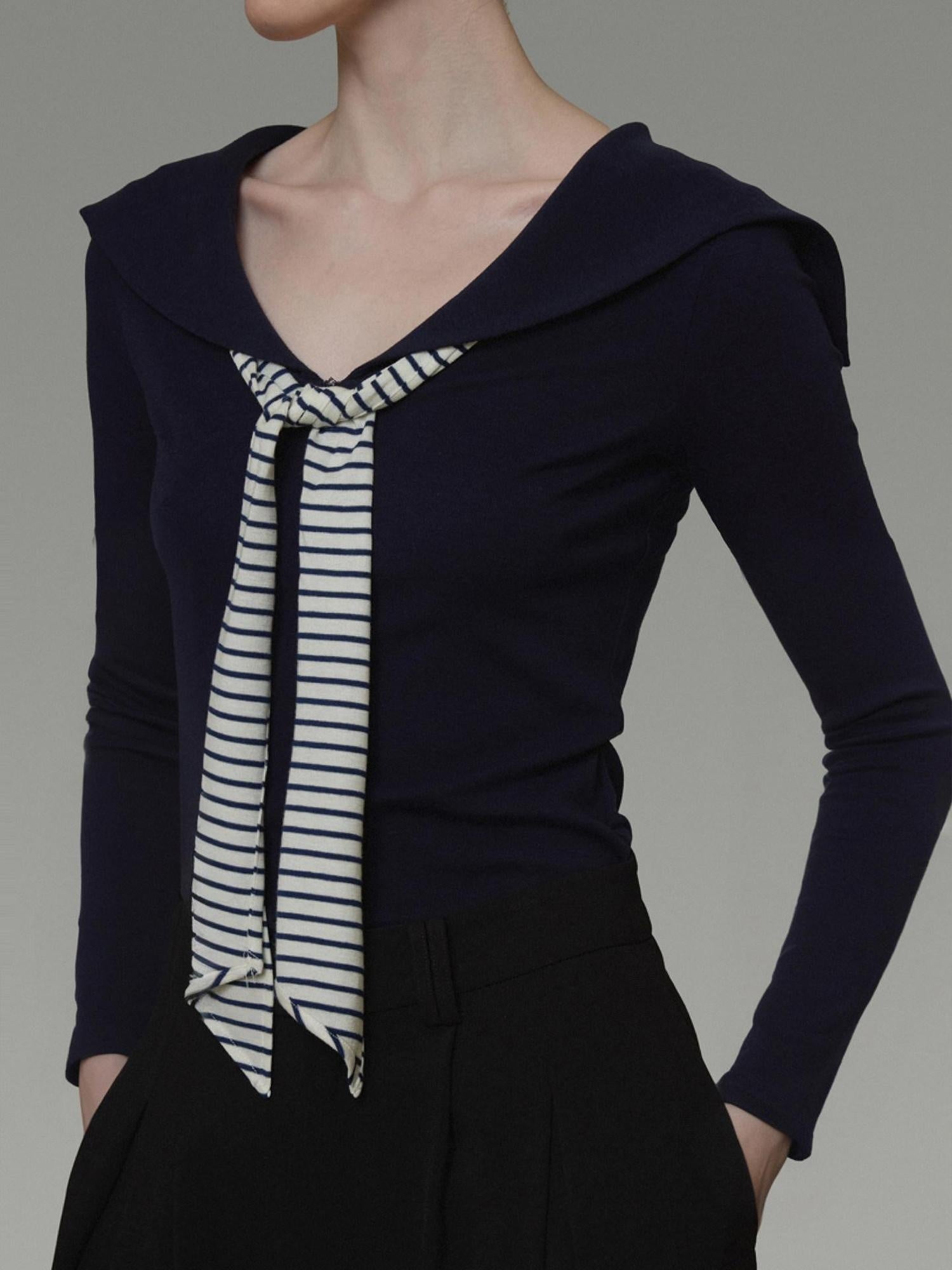 unspoken Breathable Knit Slim Fit Vintage Sailor Collar Colorblock Long Sleeve Blouses