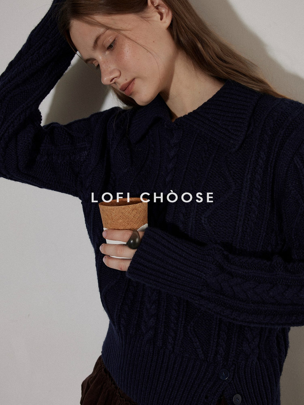 Lofi choose Cozy Pullover Relaxed Fit Commuter Office Knit Long Sleeve Beige Navy Sweaters