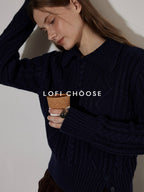 Lofi choose Cozy Pullover Relaxed Fit Commuter Office Knit Long Sleeve Beige Navy Sweaters