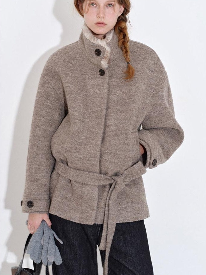 fano 70 Wool 30 Polyester Light Brown Women Korean Commuter Stand Collar Wool Coats